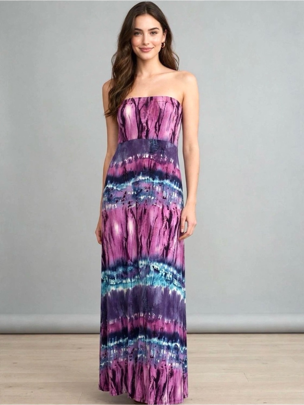Tie Dyed Look Empire Waist Tube Fit and Flare Maxi Dress